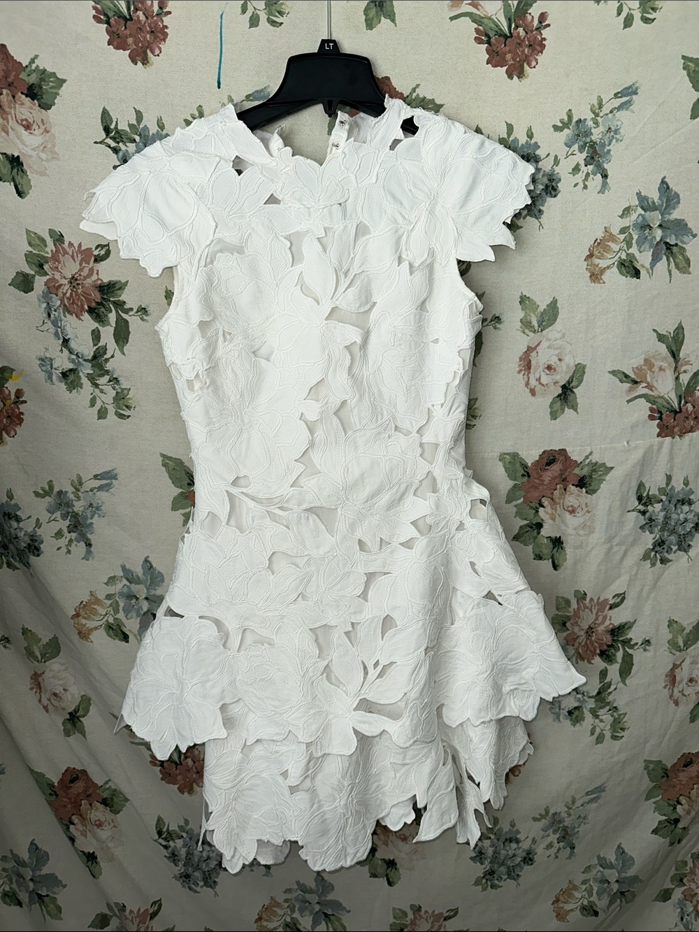 SIMKHAI Floral Cutout White Mini Dress with Scalloped Hem